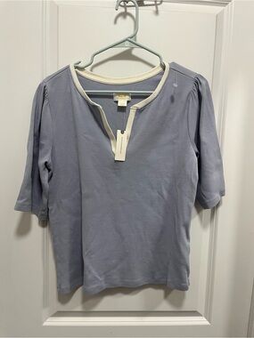 Maeve Anthropologie Cotton Blue Short Sleeve Vneck Shirt With Cream Trim NWT L